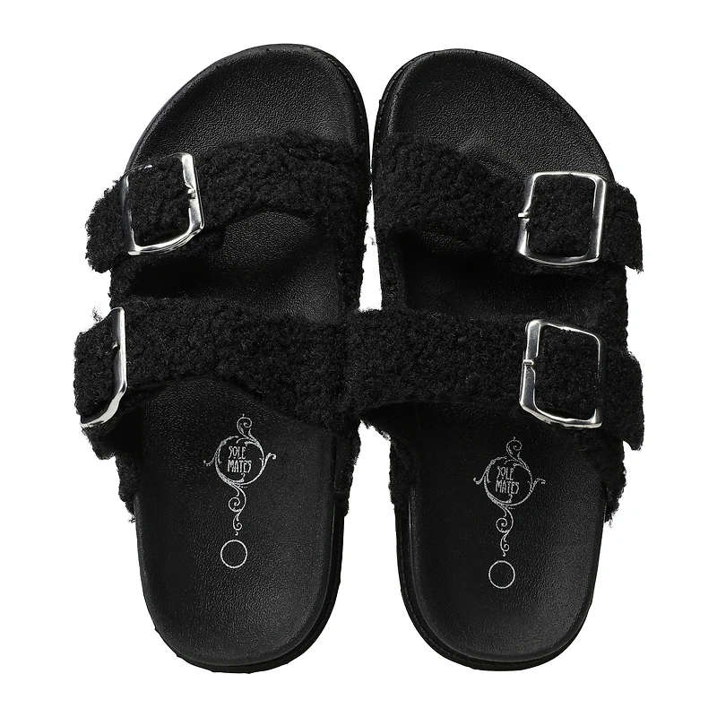 ladies black sherpa double buckle sandals