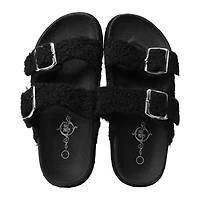 ladies black sherpa double buckle sandals