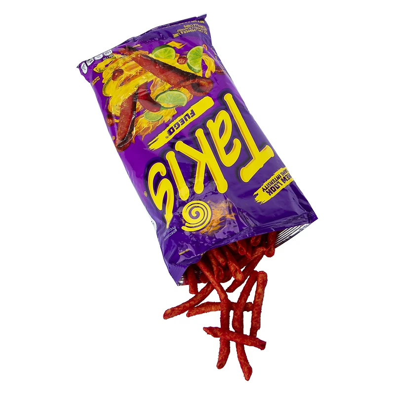 Takis fuego rolled tortilla chips, hot chili pepper and lime artificially flavored, 9.9oz bag