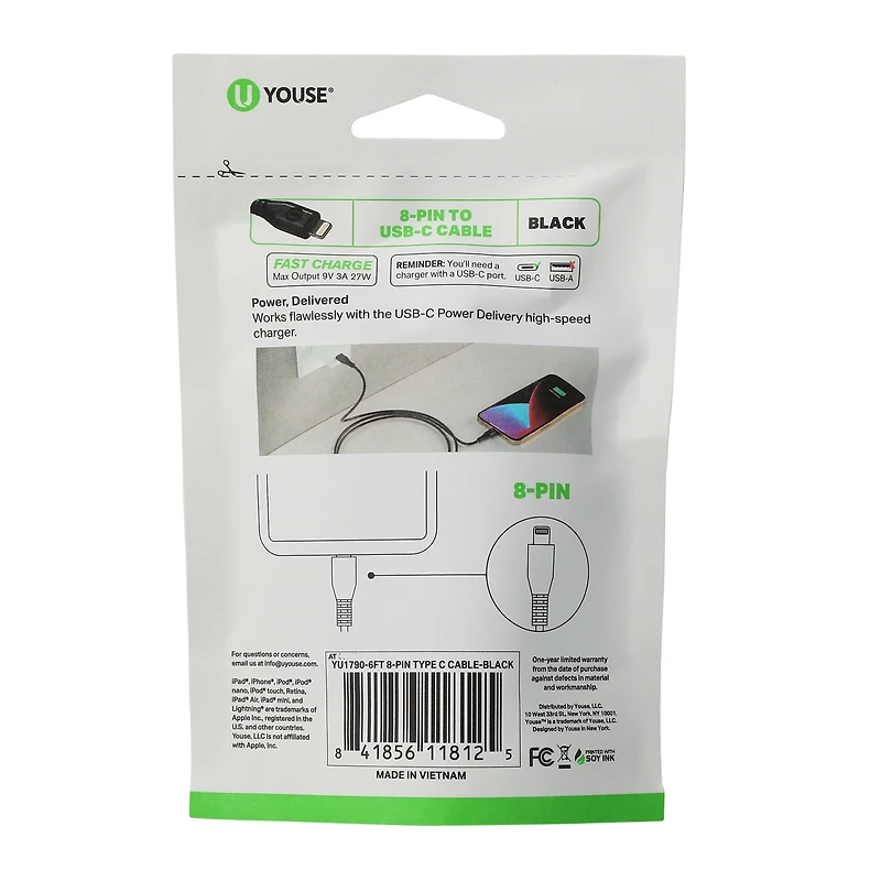 6ft 8-pin to USB-c cable