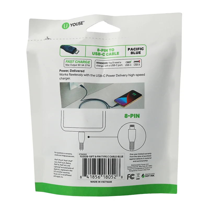 10ft 8-pin to USB-C charging cable