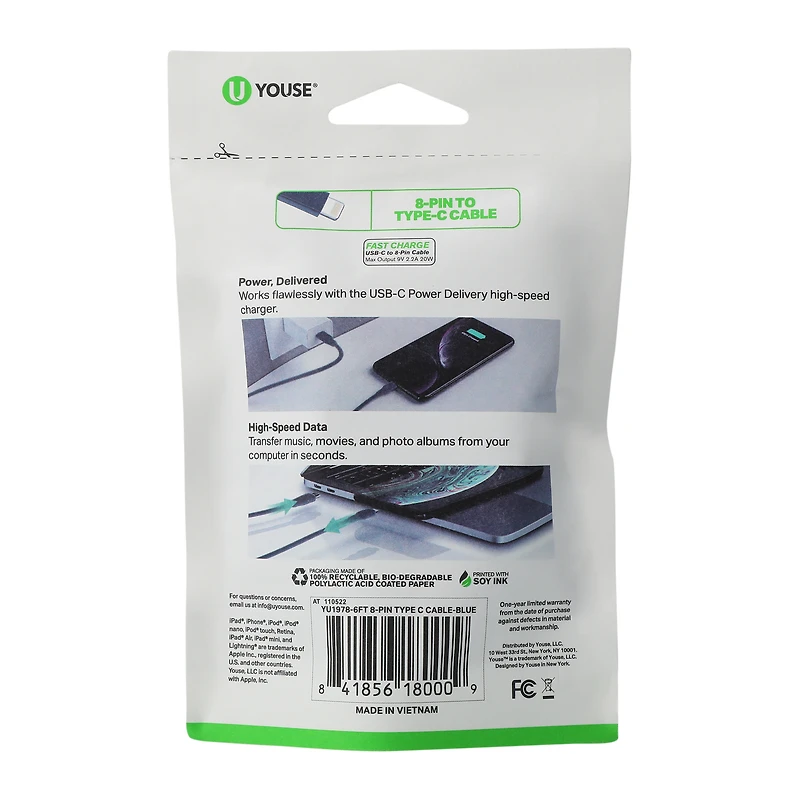 6ft 8-pin to USB-C charging cable