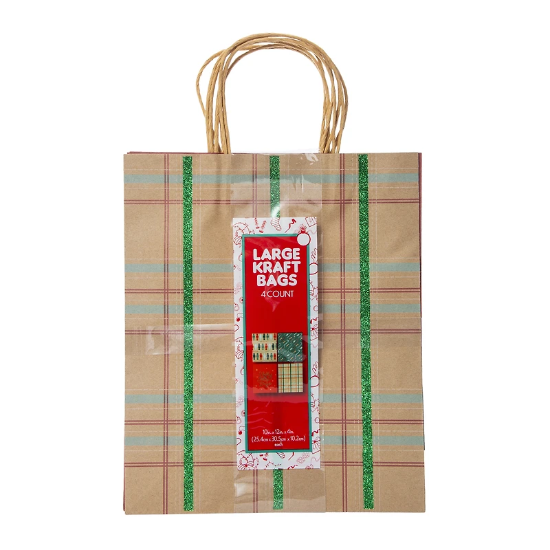 4-pack large holiday kraft gift bags 10in x 12in