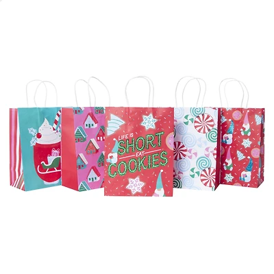 5-Pack Medium Holiday Kraft Gift Bags 7in x 9in - Treats
