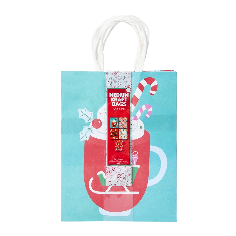 5-Pack Medium Holiday Kraft Gift Bags 7in x 9in - Treats