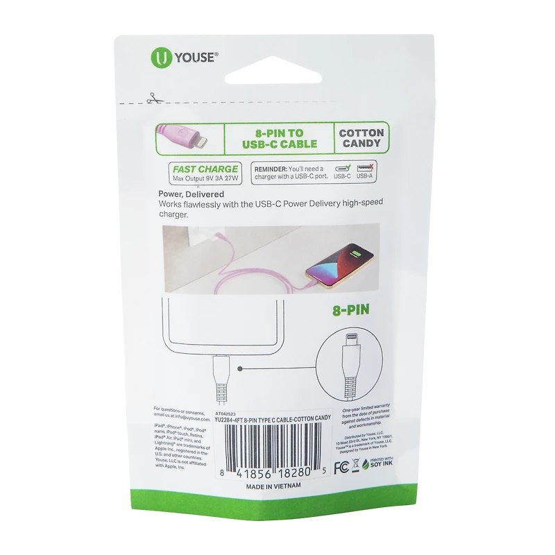 4ft 8-pin to USB-C charging cable