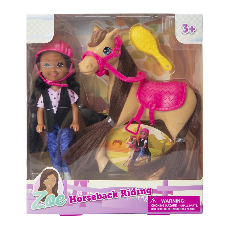 zoe horseback riding doll & toy horse set
