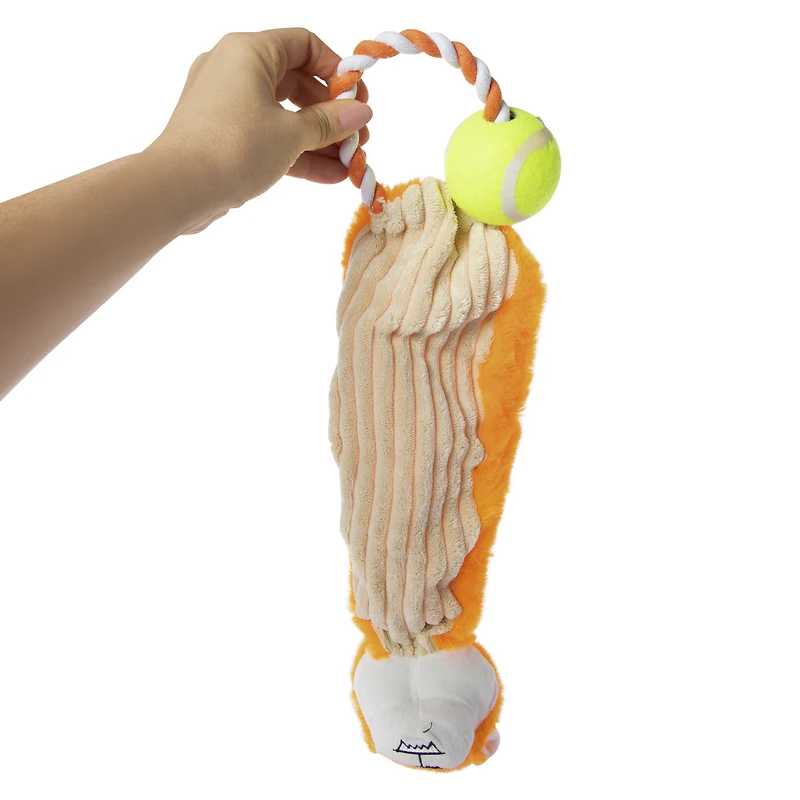 crinkle critter rope & tennis ball dog toy 3.5in x 15.8in