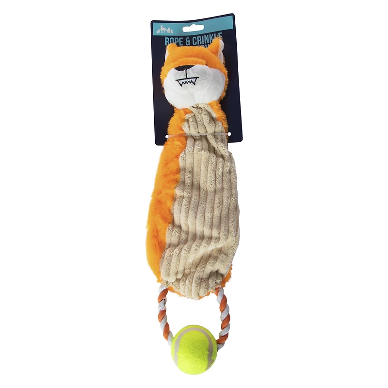 crinkle critter rope & tennis ball dog toy 3.5in x 15.8in