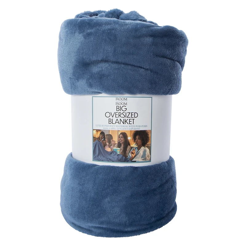 plush oversized blanket with pom trim 110in x 98in