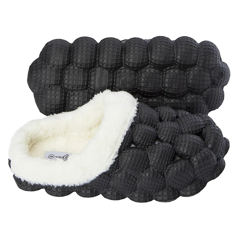 black faux fur lined bubble clogs