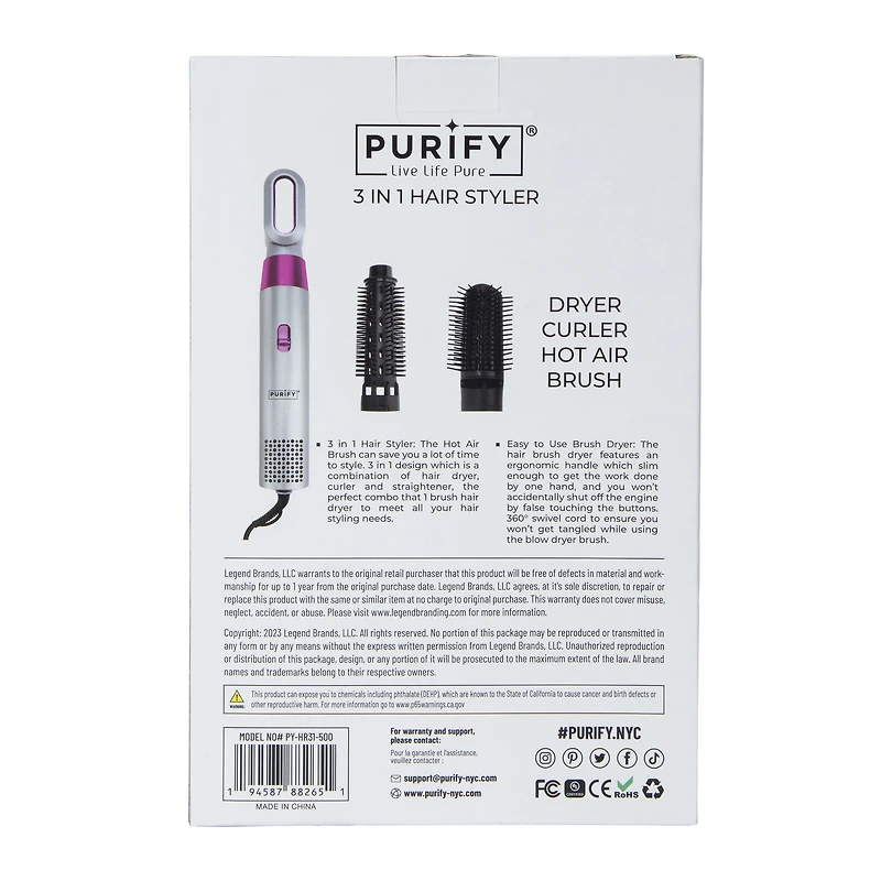 Purify® 3 In 1 Hair Styler: Dryer, Curler, Hot Air Brush
