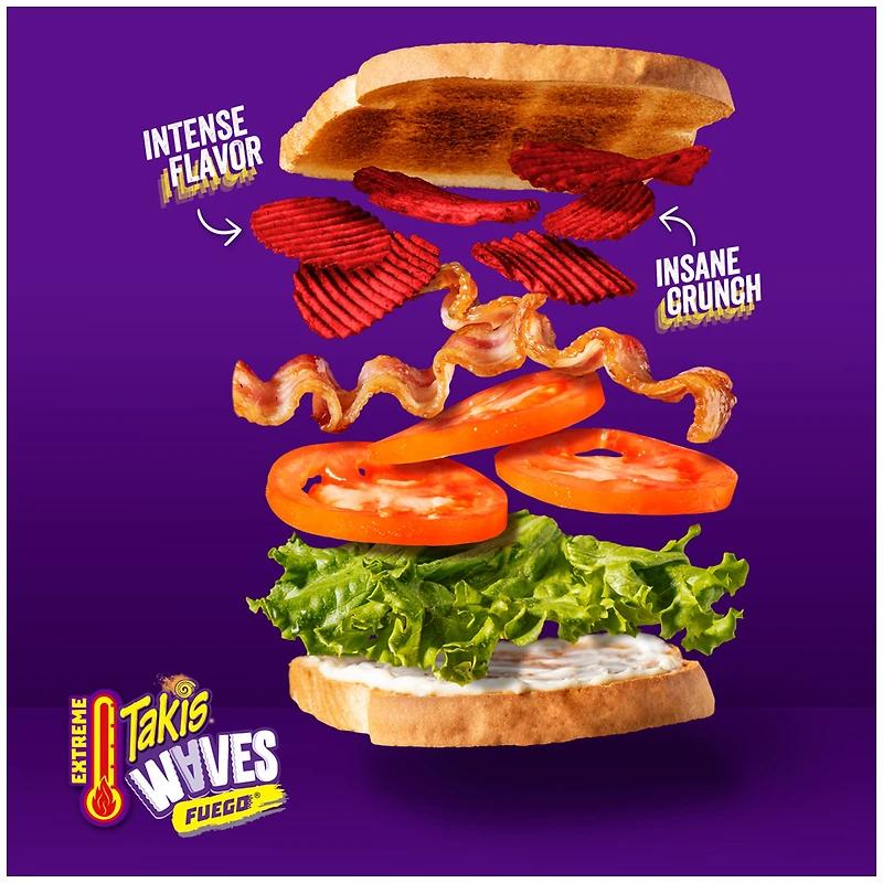 Takis waves fuego, hot chili pepper and lime artificially flavored potato chips, 8oz bag