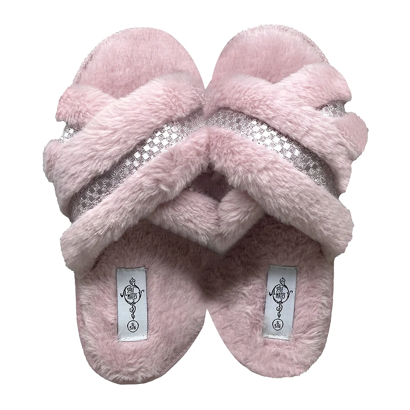 Ladies Cross-Strap Faux Fur Slippers