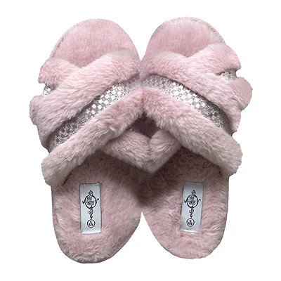 Ladies Cross-Strap Faux Fur Slippers