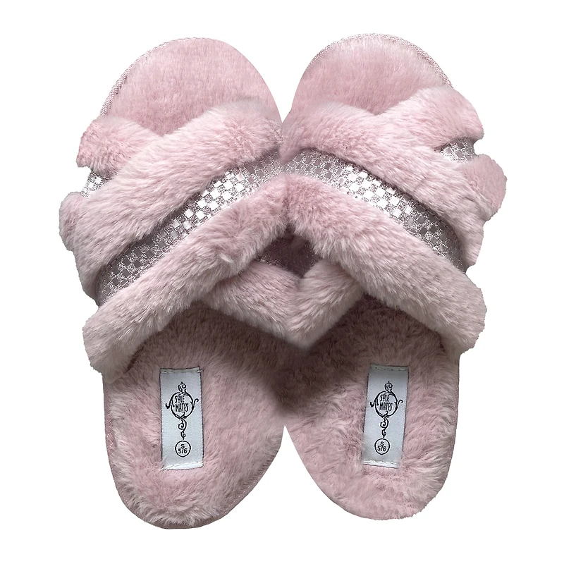 Ladies Cross-Strap Faux Fur Slippers