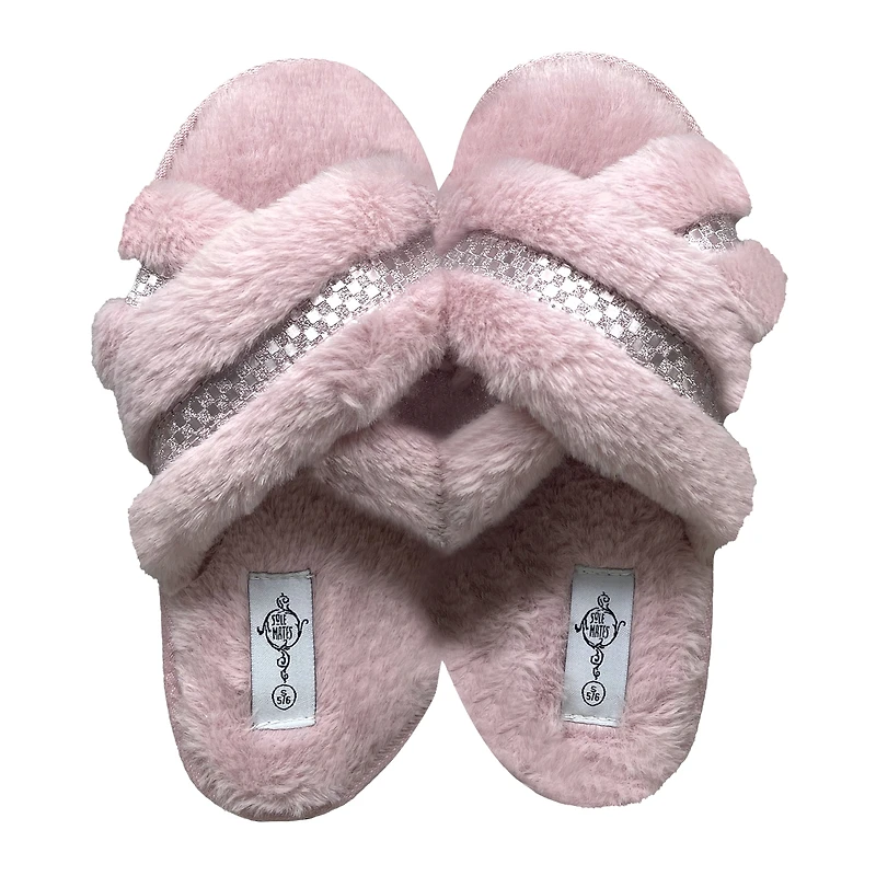 Ladies Cross-Strap Faux Fur Slippers