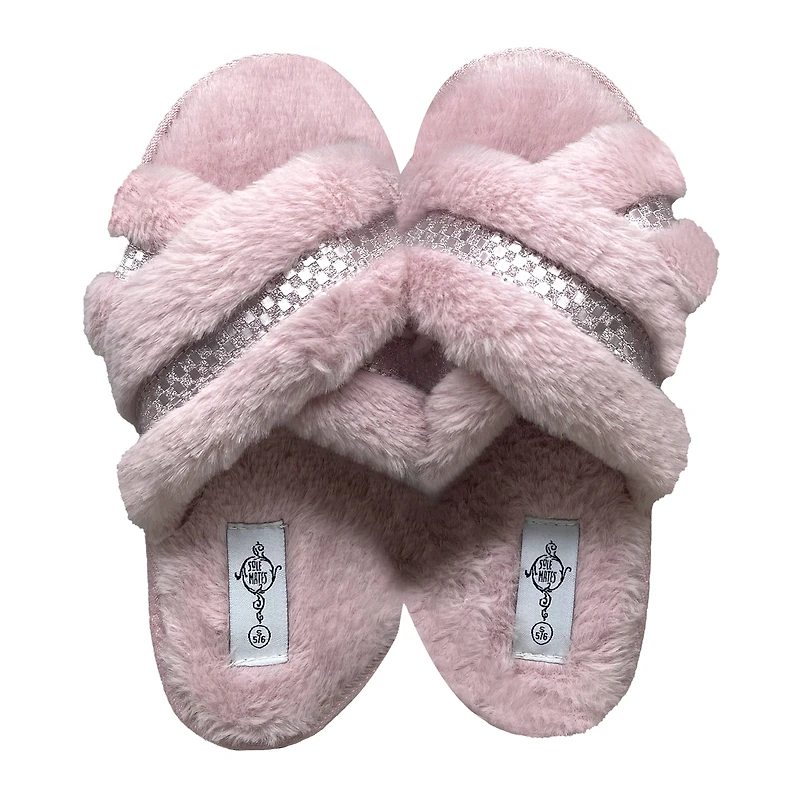 Ladies Cross-Strap Faux Fur Slippers