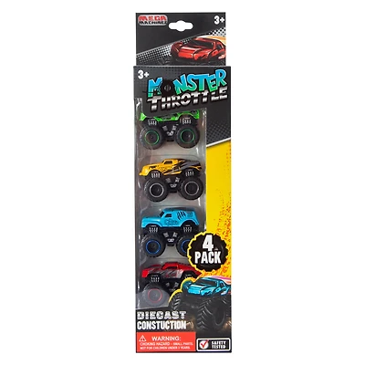 Monster Throttle Diecast Monster Truck Toy Set 4-Count