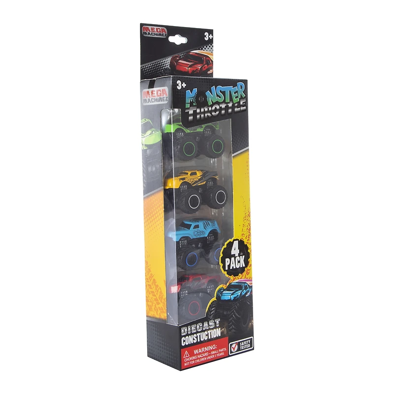 Monster Throttle Diecast Monster Truck Toy Set 4-Count