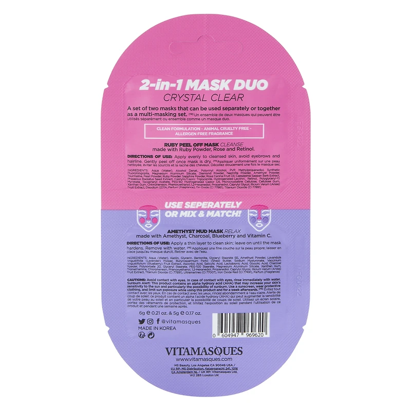 Vitamasques® 2-in-1 Ruby Peel Off & Amethyst Mud Mask Duo