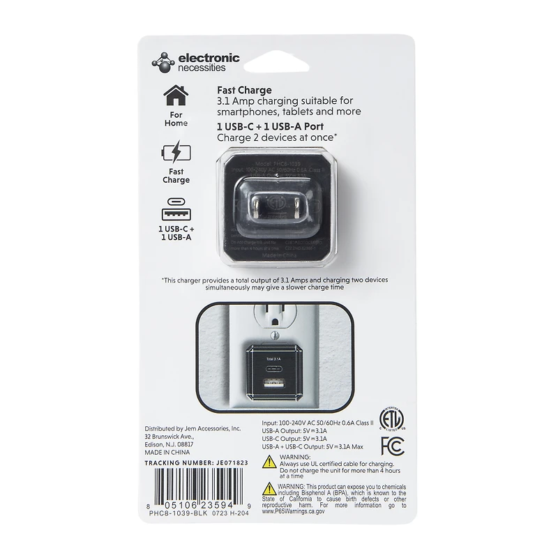 USB-A & USB-C Dual Wall Charger 3.1 Amp