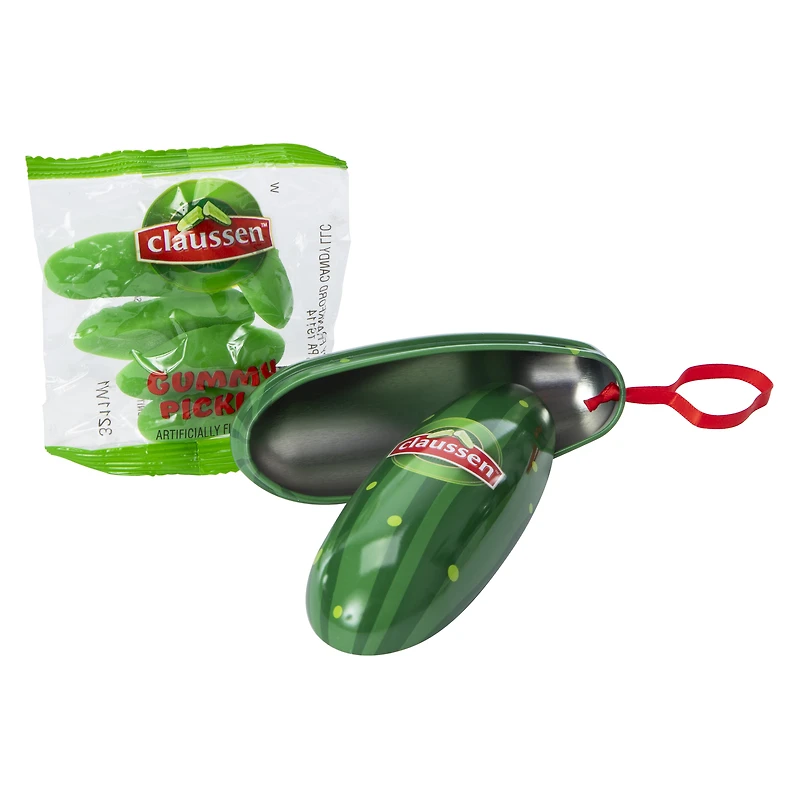 Claussen™ Pickle Holiday Tin Ornament With Gummy Candy