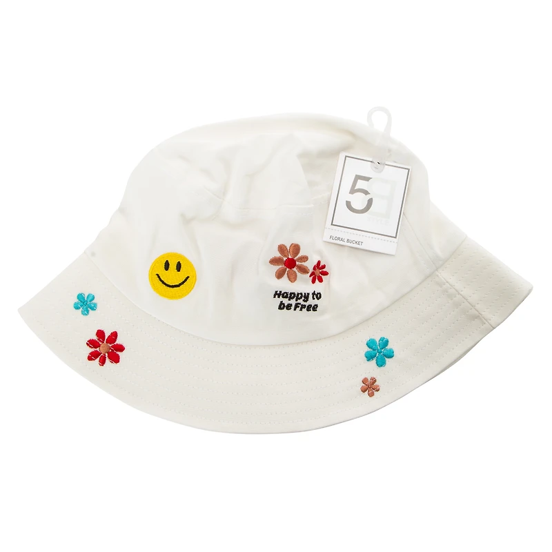 Happy Face Embroidered Bucket Hat