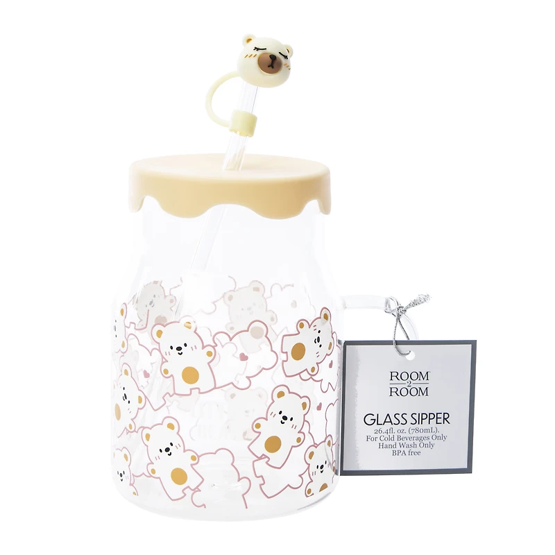 Kawaii Glass Drink Tumbler With Lid 26.4oz