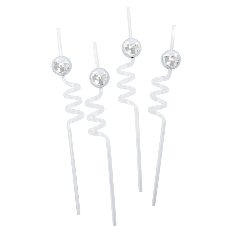 Silver Disco Plastic Straws 4-Count