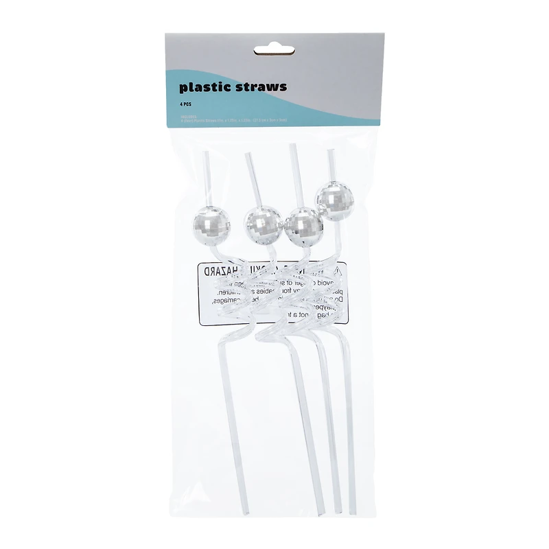 Silver Disco Plastic Straws 4-Count