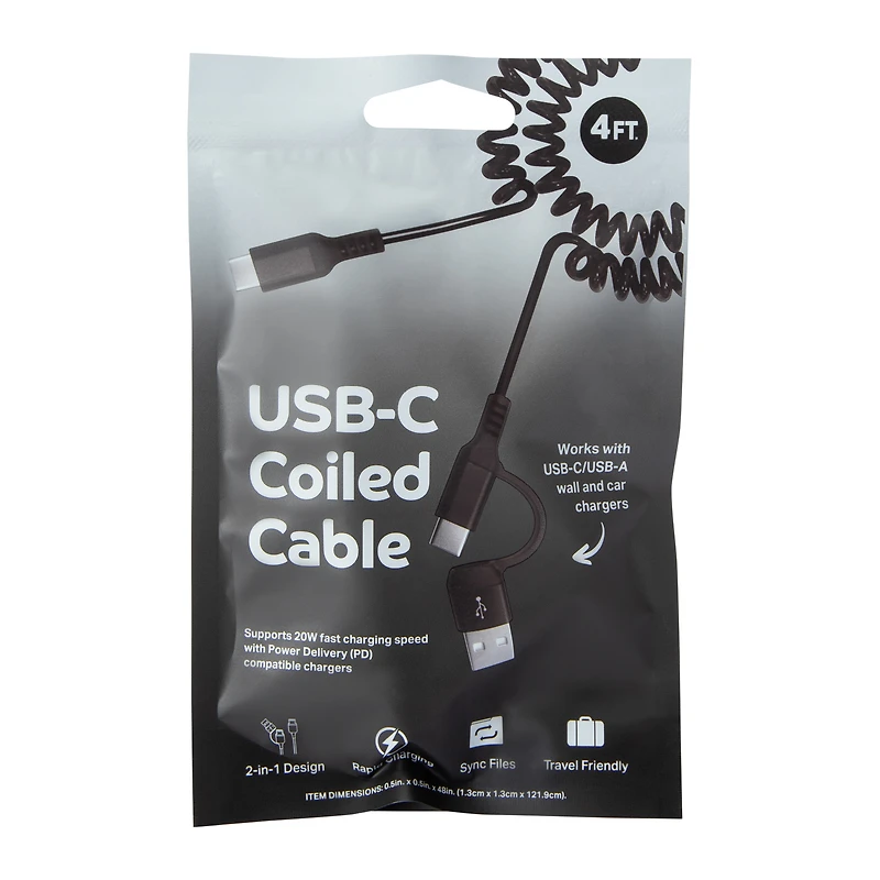 4ft USB-C Coiled Cable With USB-A Adapter 20W