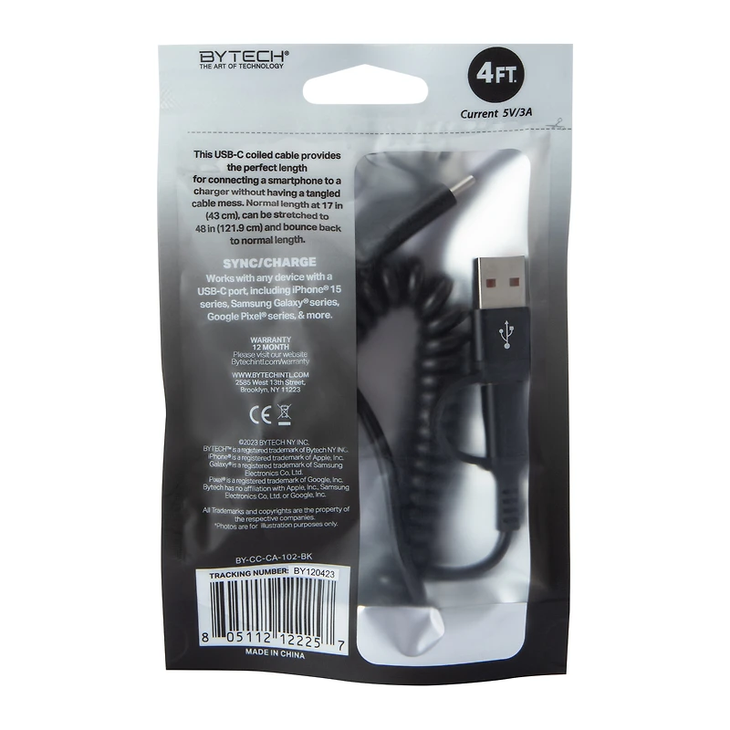 4ft USB-C Coiled Cable With USB-A Adapter 20W