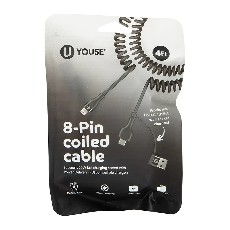 4ft Rapid Charge 8-Pin To USB-C/USB-A Coiled Cable