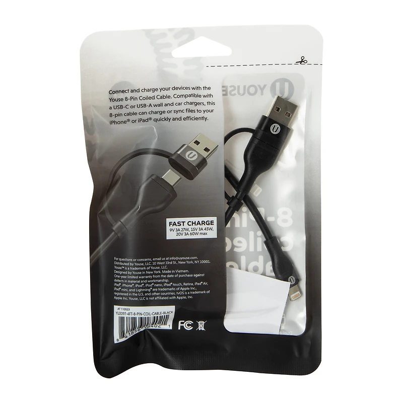 4ft Rapid Charge 8-Pin To USB-C/USB-A Coiled Cable