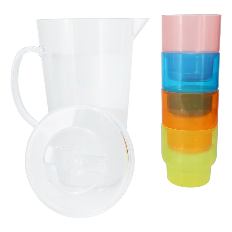 Clear Pitcher & Stackable Rainbow Cups Set