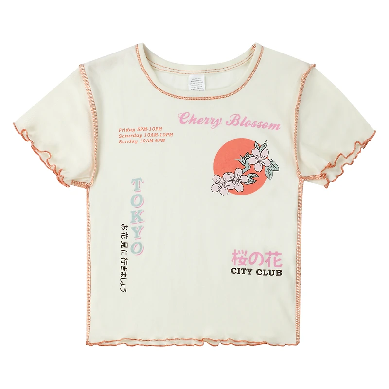 Tokyo Cherry Blossom Baby Tee With Lettuce Edge