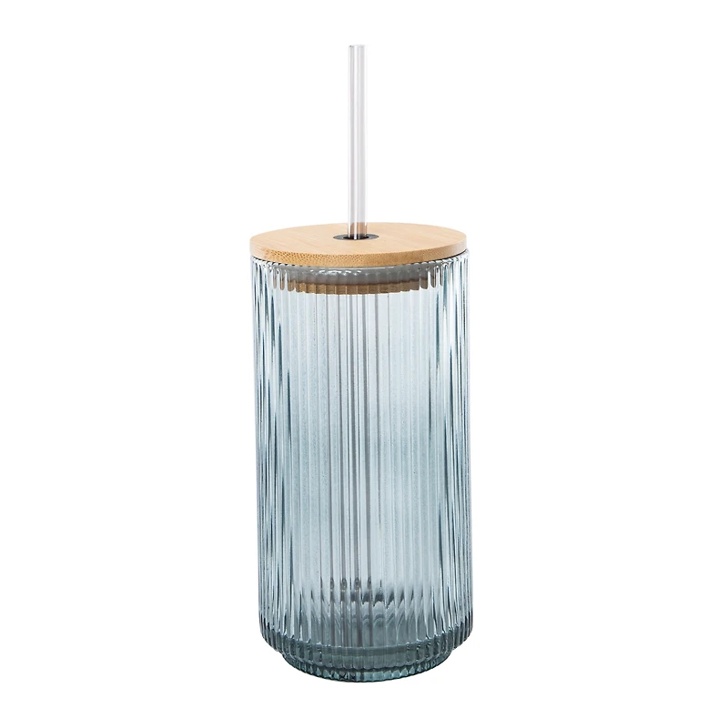 Ribbed Glass Tumbler With Bamboo Lid 20oz