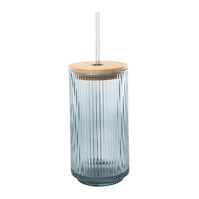 Ribbed Glass Tumbler With Bamboo Lid 20oz