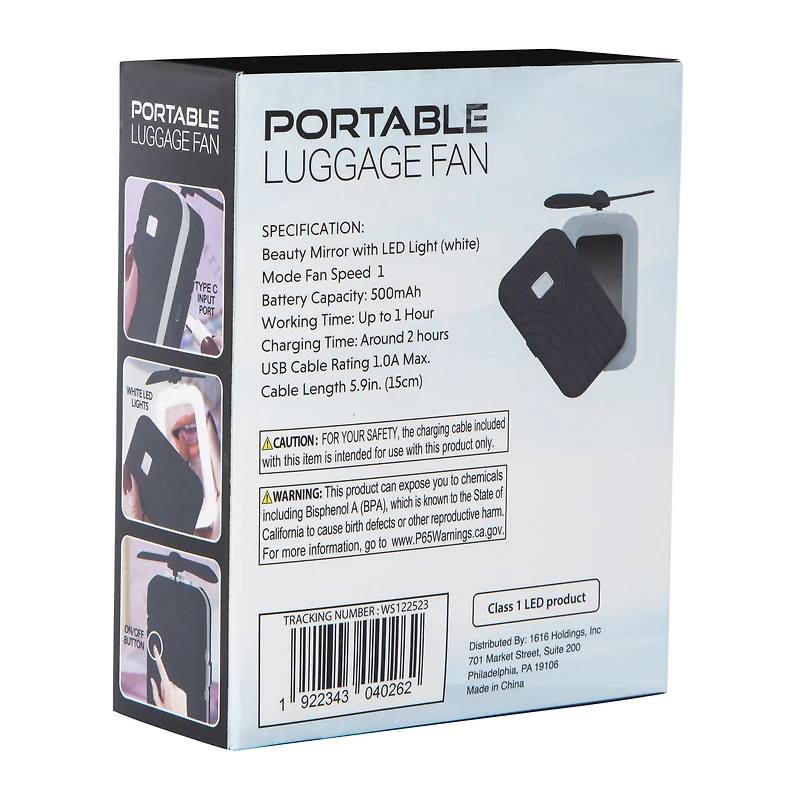 Portable Mini Luggage Fan & Mirror 3.1in x 4.37in