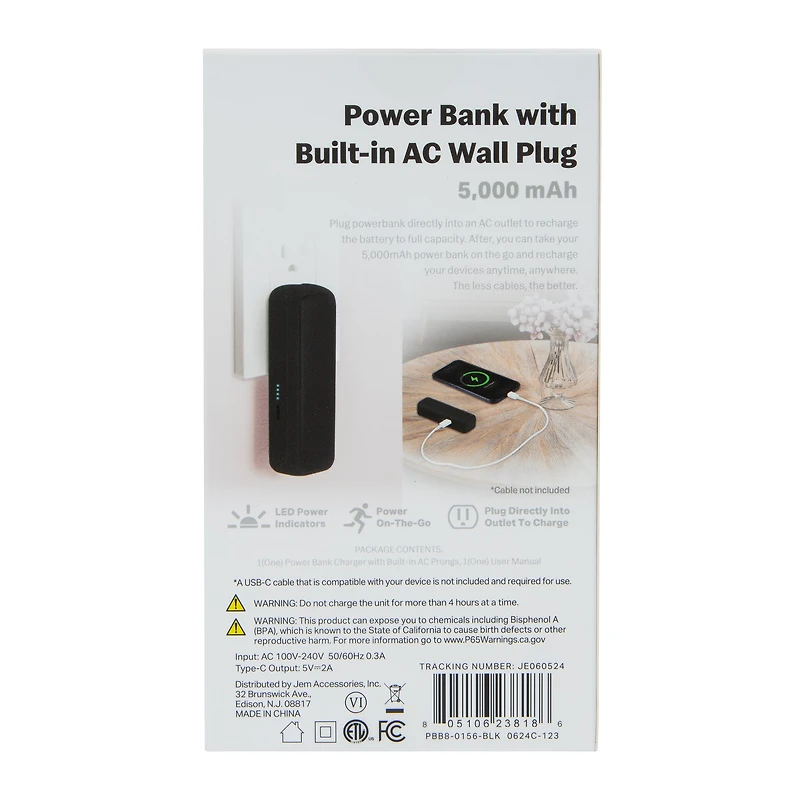 5000 mah Power Bank With Built-In AC Wall Plug