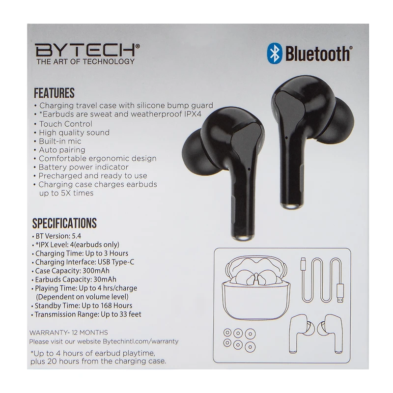 24-Hour True Wireless Earbuds With Mic & Case