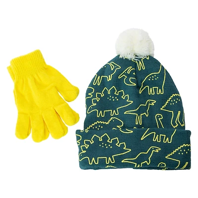 Kid's Printed Pom Beanie Hat & Glove Set