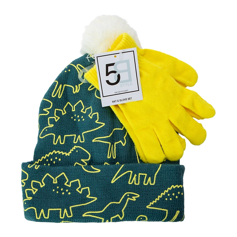 Kid's Printed Pom Beanie Hat & Glove Set