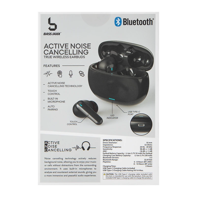 Active Noise Cancelling True Wireless Earbuds With Mic