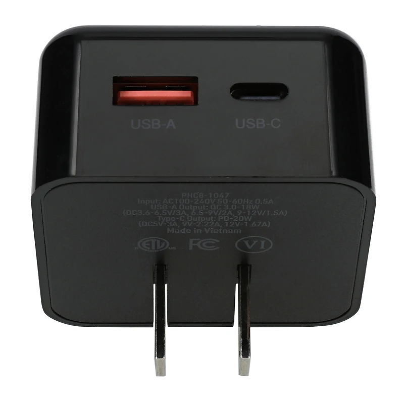 20W Power Delivery & Quick Charge USB-C USB Dual Port Wall Charger