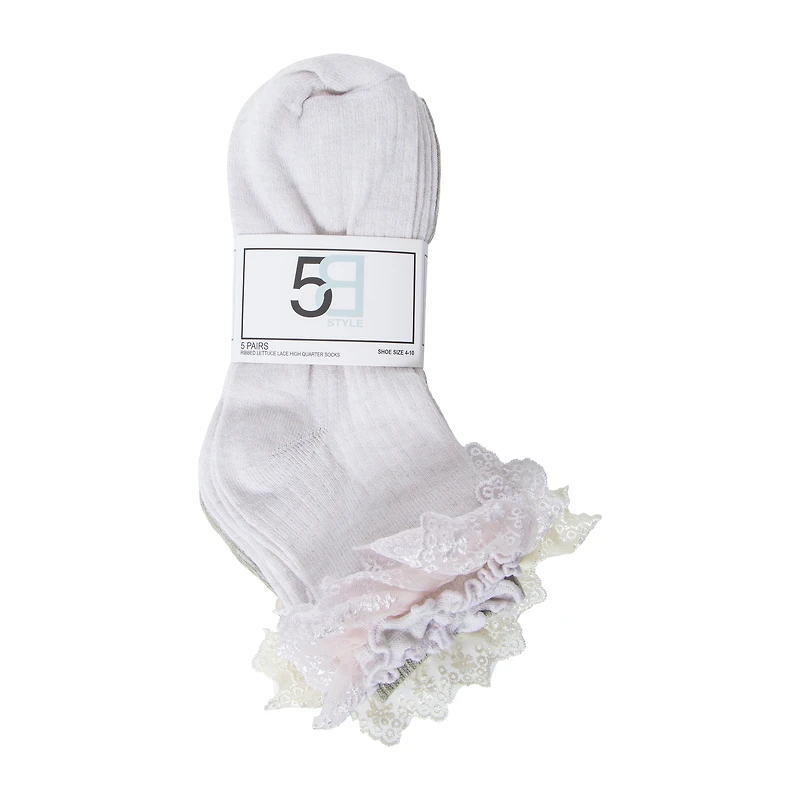 Girls Ribbed Lettuce Lace High Quarter Socks 5-Pairs