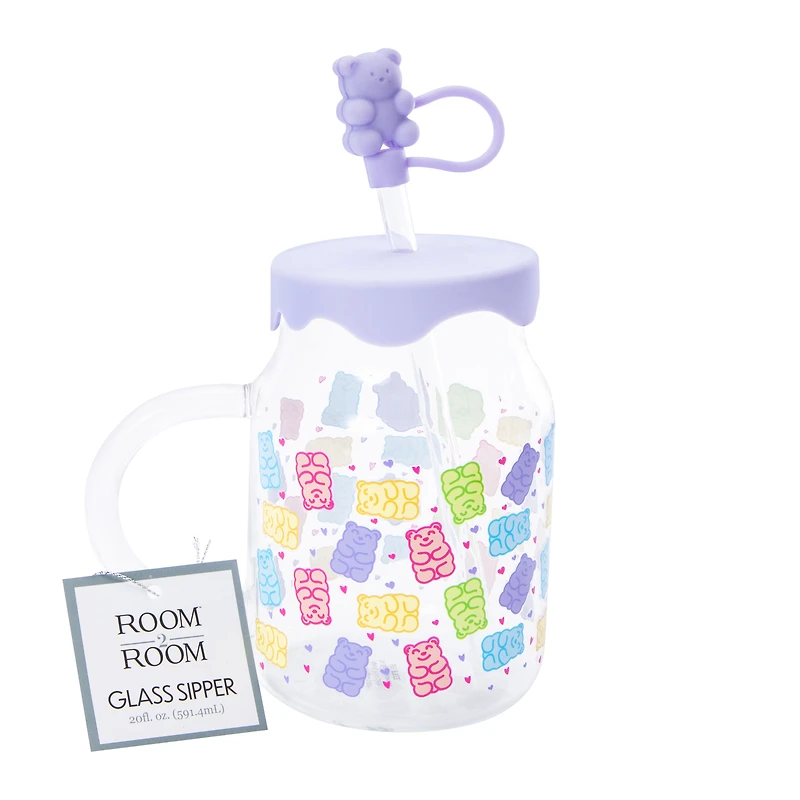 Novelty Glass Sipper With Lid & Straw Topper 20oz