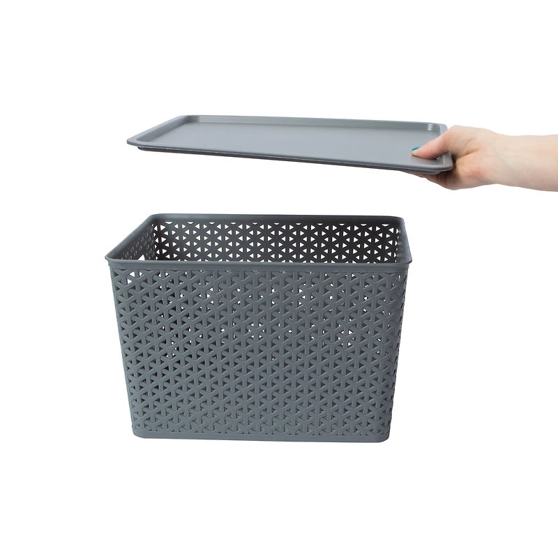 Large Plastic Weave Bin With Lid