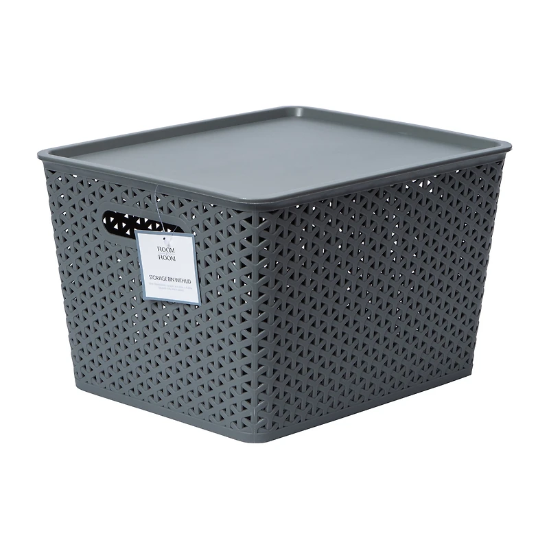 Large Plastic Weave Bin With Lid